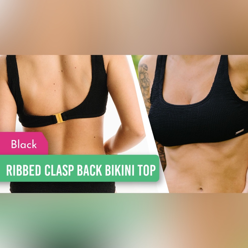 ZYIA Black Ribbed Clasp Back Bikini Top